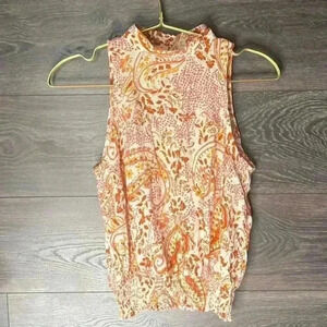 Cynthia Rowley Paisley Boho Mock Neck Smocked Waist Top in Cream/Orange, XS. NWT
